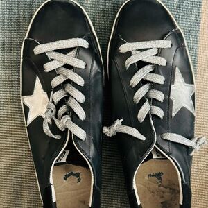 Golden Goose - Black Leather Sneakers W/ Silver Laces & Silver Stars Sz 42/EU